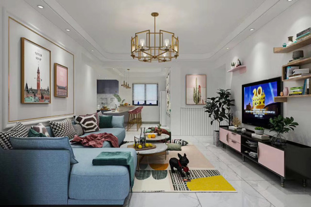 132平现代风遇上澄净温柔的藕粉，每个区域都散发着灼眼的浪漫