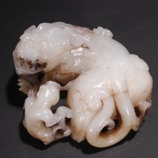 和田玉籽料|和田玉籽料子母瑞兽摆件