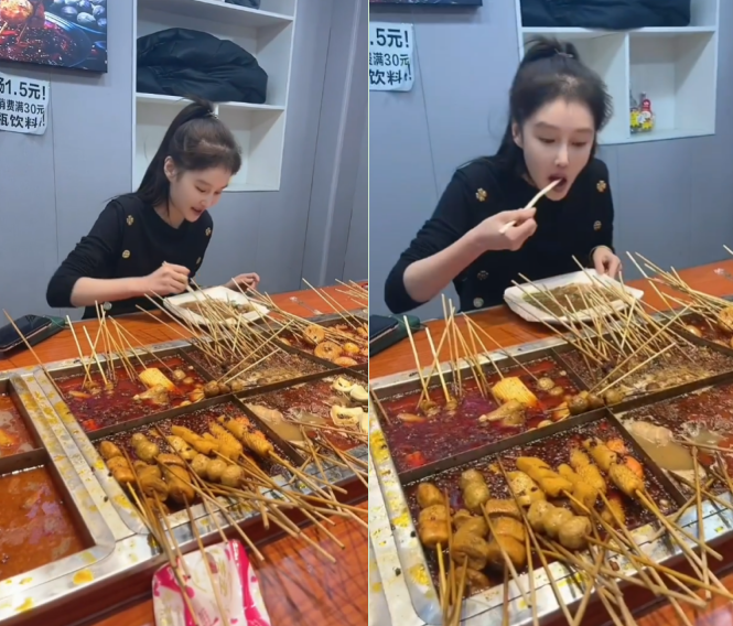 麻辣烫|赵本山女儿带男友吃麻辣烫！大口吃串动作豪迈，招呼男友跟人互动