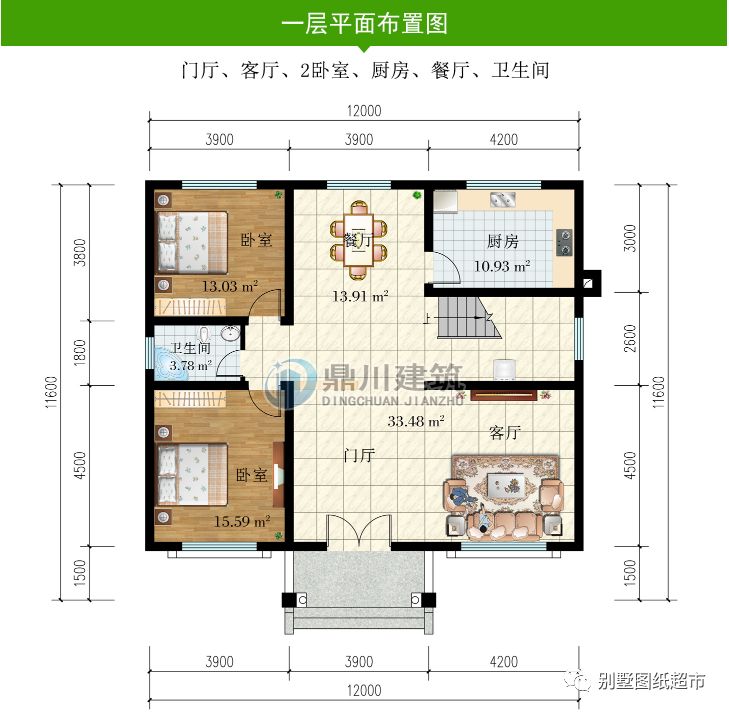 简欧二层自建房，12×11.6米，5房3厅设计，农村抢手户型