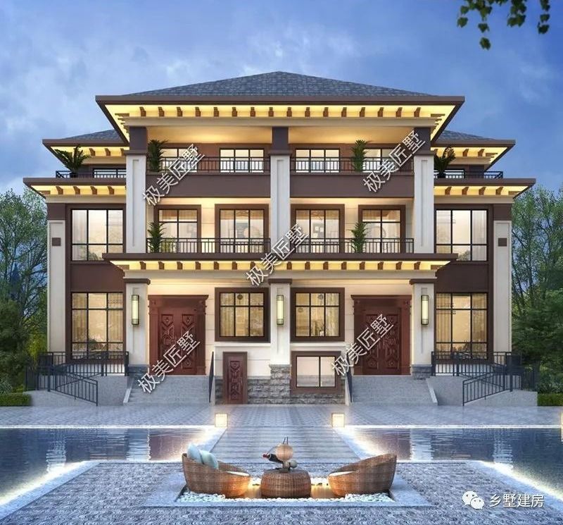 兄弟建房首选,带地下室的新中式双拼,稳重典雅