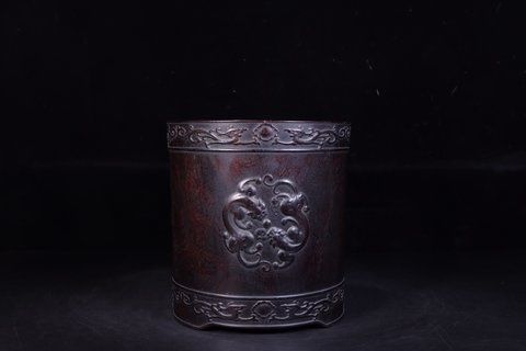 文房|回流:老紫檀木雕文房笔筒。