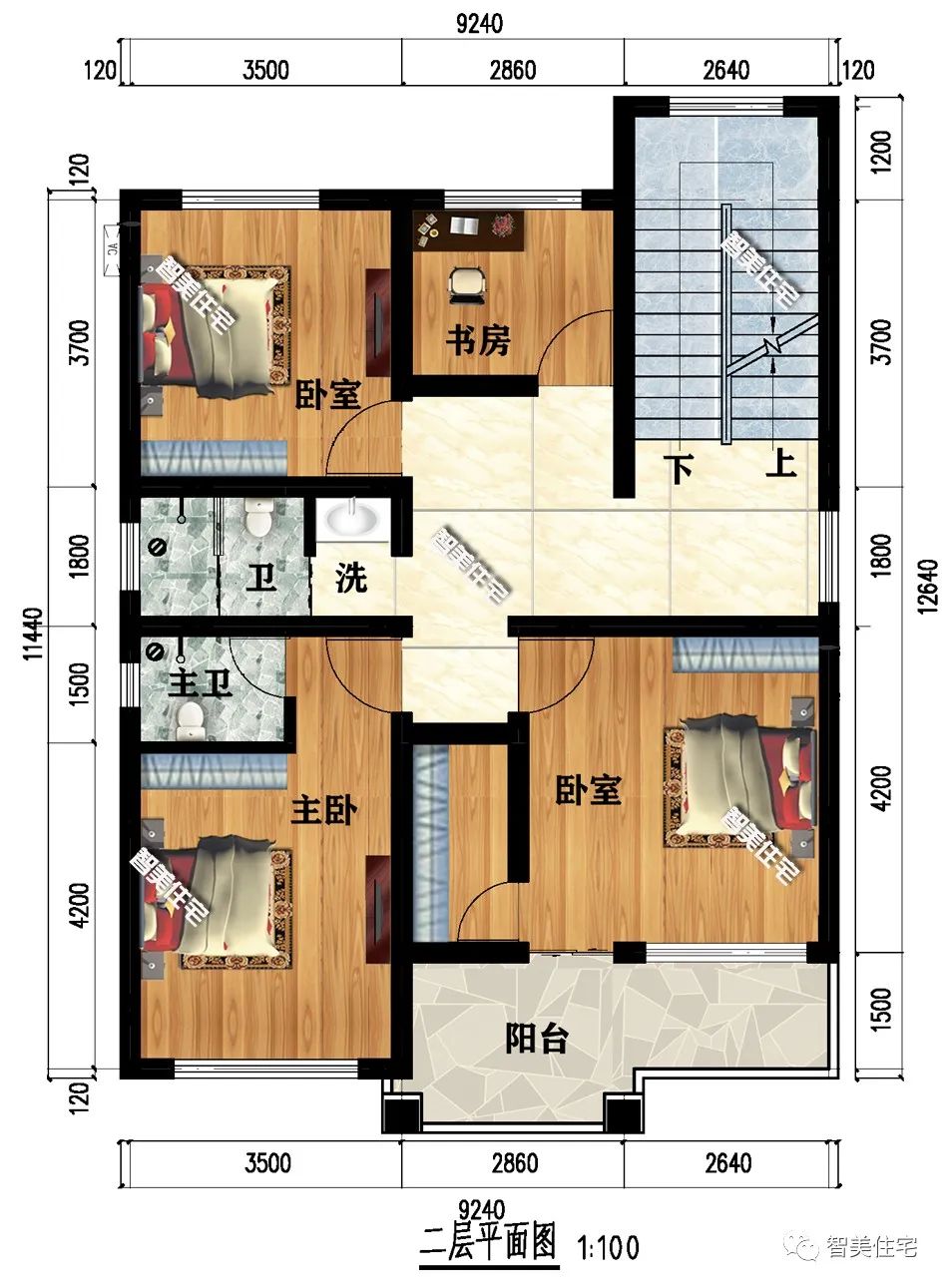 别墅面宽在9-10米之间，第一栋用面砖装饰，雕花护栏很别致