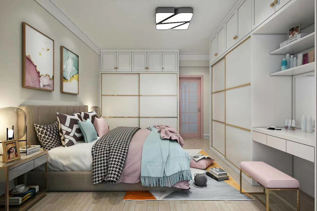 132平现代风遇上澄净温柔的藕粉，每个区域都散发着灼眼的浪漫