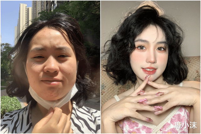 博主“化妆前”和“化妆后”对比，不懂化妆，怎么穿都显廉价土气