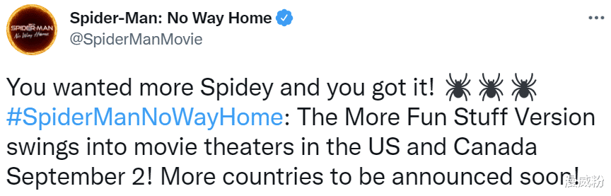 电影|加长版《蜘蛛侠：英雄无归》上映日期确定