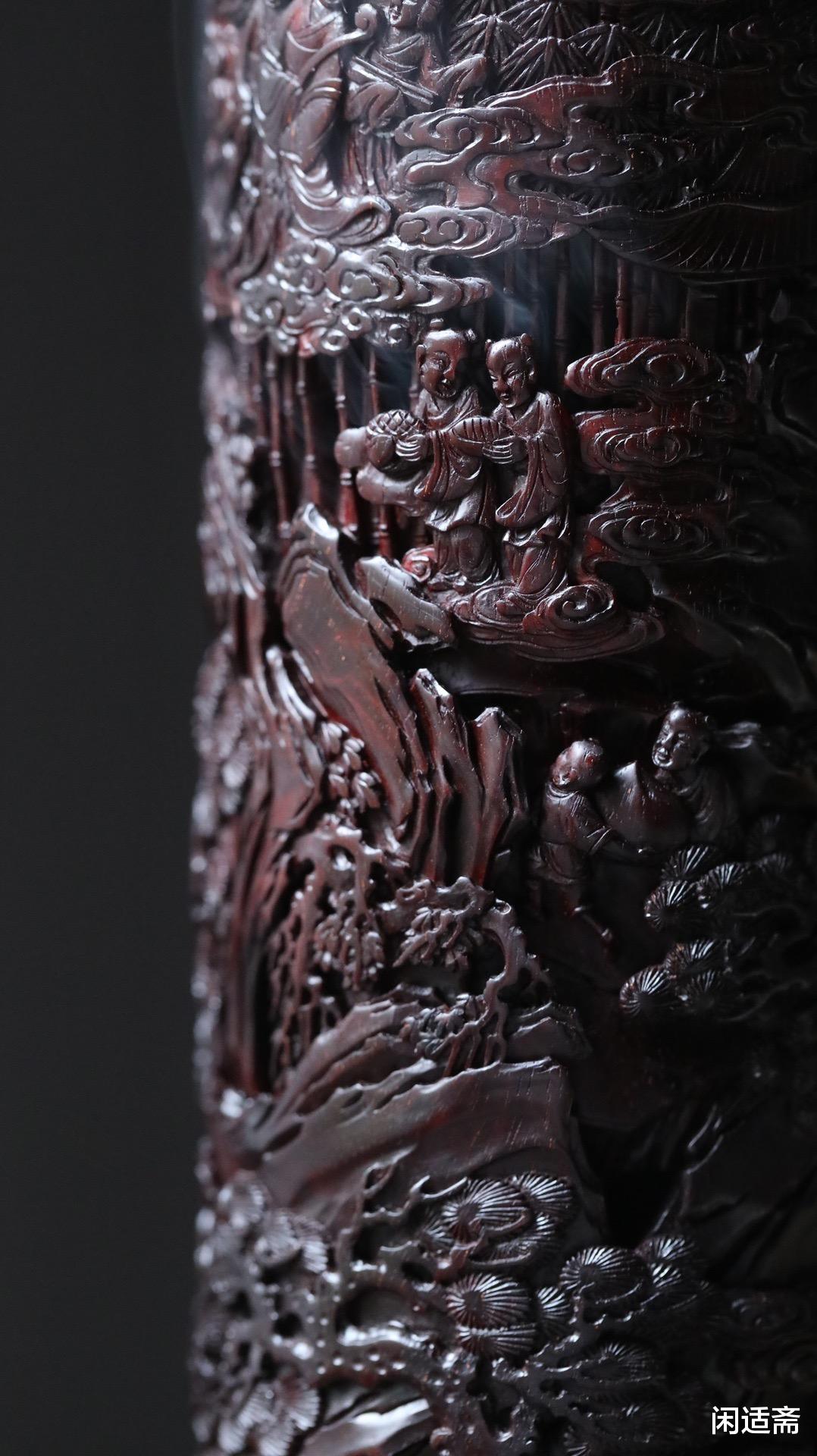 黄杨木|雅室清玩，紫檀镶黄杨木，群仙祝寿图，香筒