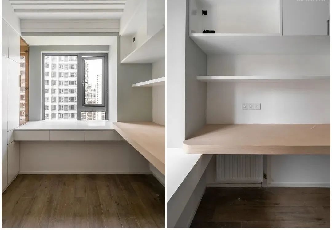 其实飘窗不能砸更省钱,这样跟书桌组合在一起,收纳办公更实用!