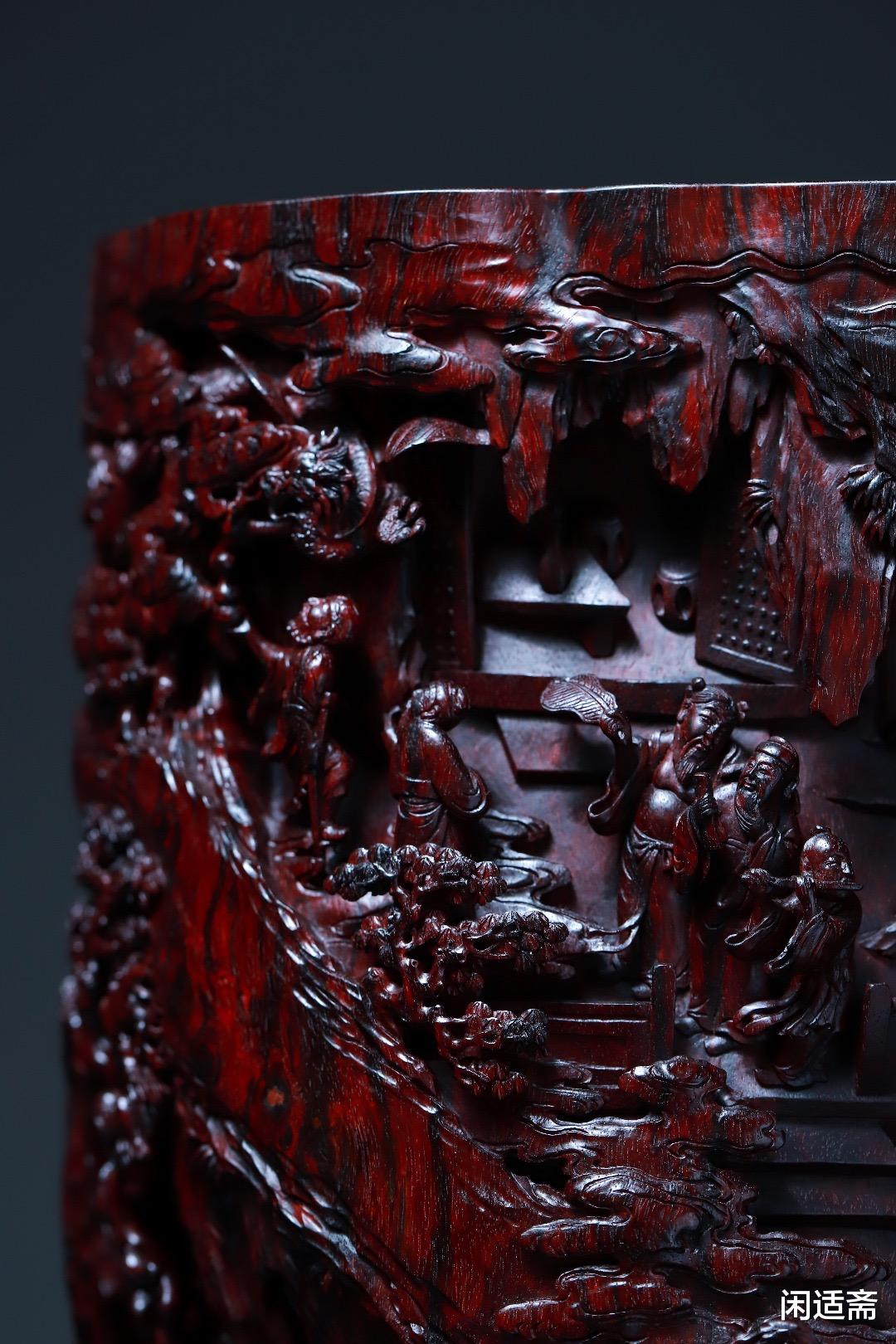 古钱币|文房珍藏重器,小叶紫檀,群仙祝寿笔筒