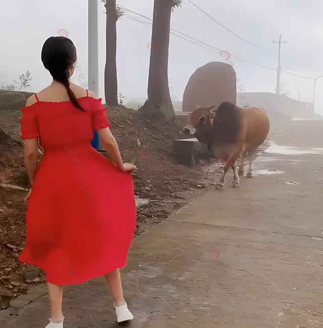 女子在农村放牛穿红裙子对牛跳舞，网友：不怕被牛撞，高手在民间
