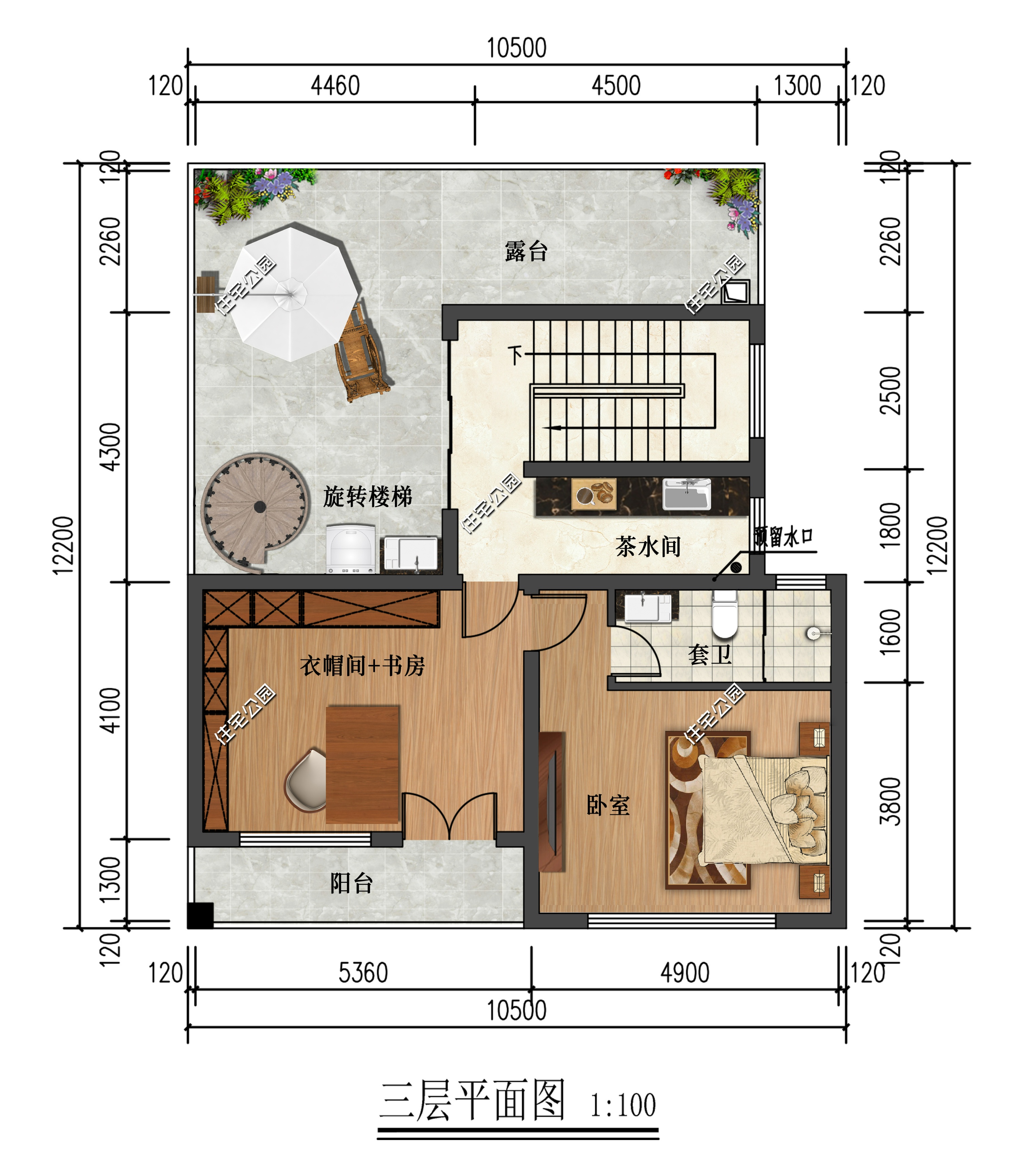 土灶+多朝南卧室,10×12米三层新中式,西墙靠近邻居做无窗设计