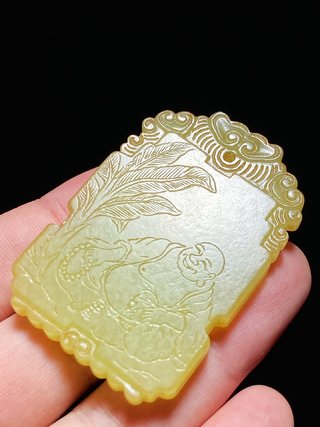 工艺美术|清 和田玉籽料 黄玉 弥勒佛 大肚佛 诗文牌 挂件