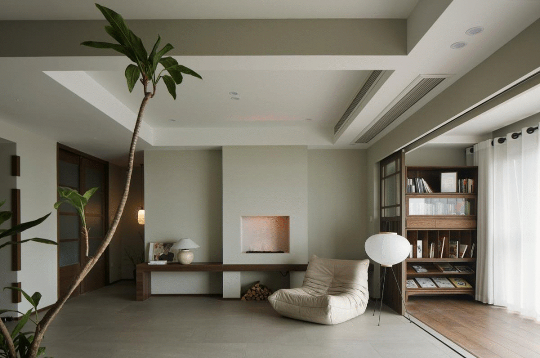 110㎡简约风,雾化壁炉+几何线条,简化空间功能,回归生活本质!