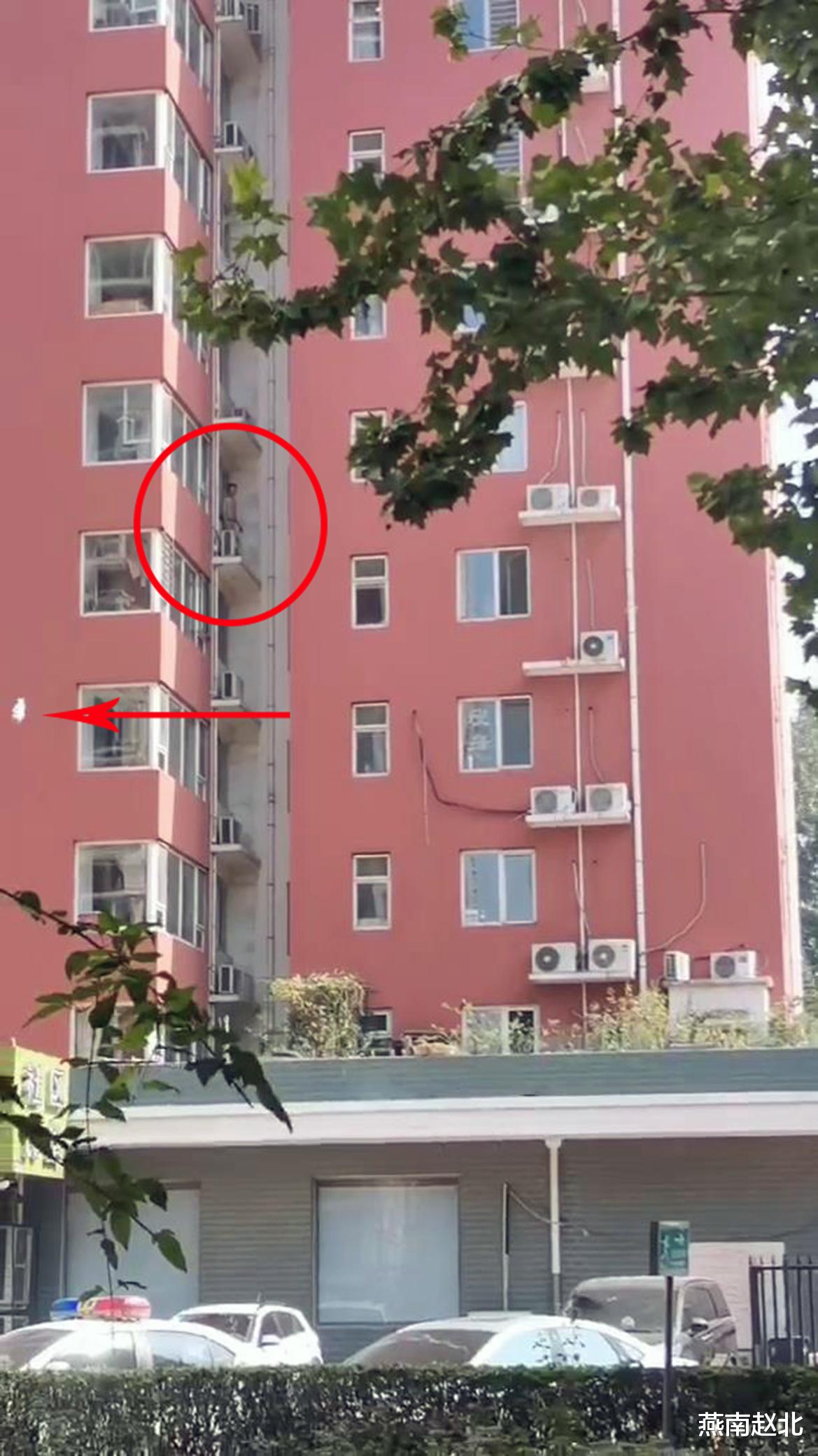 保定一赤膊男站六楼空调位乱抛物,另一赤膊男爬电线杆顶上喊叫
