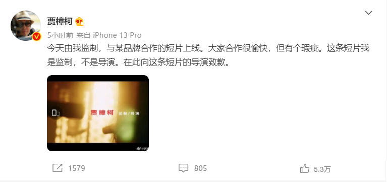 肖战|肖战新作上线,贾樟柯发文称有个瑕疵