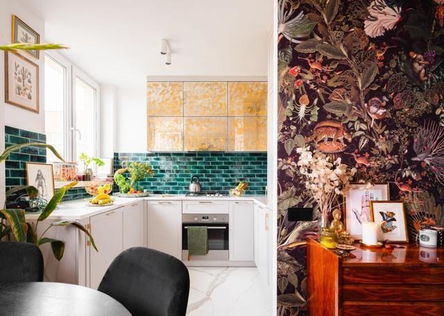 |贴壁纸也不会土,大自然风的30平公寓,华丽配色,材质美,色彩美