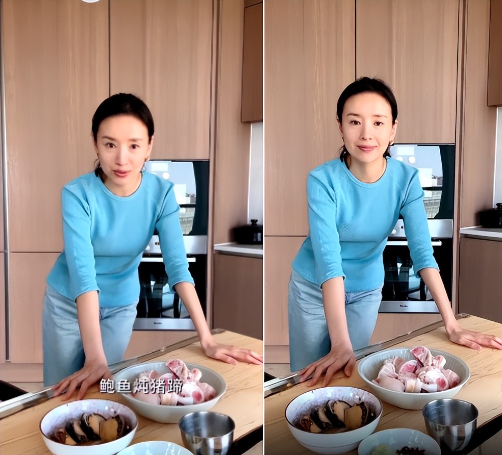 董洁|42岁董洁素颜豪宅内做饭！皮肤白皙面泛油光，光手抓猪蹄啃太豪迈