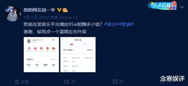 |歌手刘一辛吐槽音乐平台，95万播放赚了623元，只够点一周的外卖