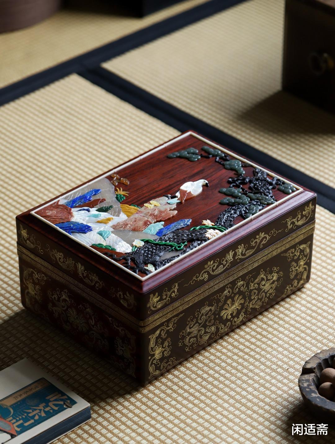 玉雕|雅室珍藏,小叶紫檀,描金百宝嵌文具藏盒