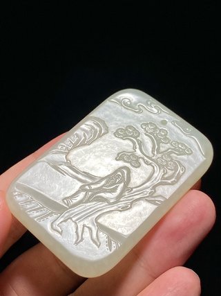 和田玉籽料|清中期 和田玉籽料白玉 松下老人 泛舟图 诗文牌 子冈牌