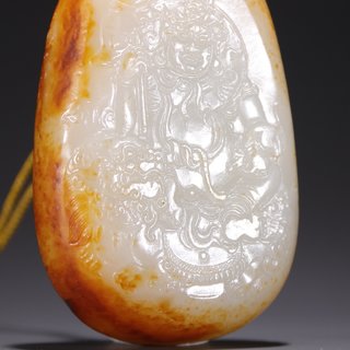 和田玉籽料|旧藏·和田玉籽料黄财神原石雕