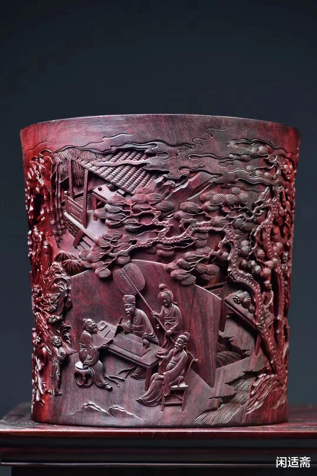 笔筒|文房珍藏品，小叶紫檀，西园雅集图笔筒