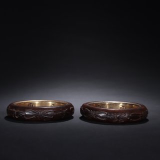 沉香|回流-纯正老沉香蝶花纹手镯一对