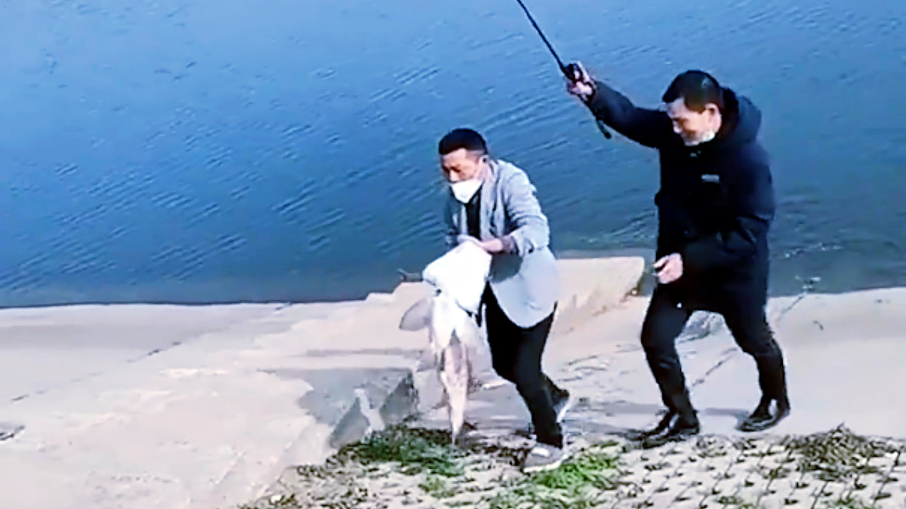 俩男子合伙在户外钓鱼，突然撒腿就往岸上跑，到底怎么回事？