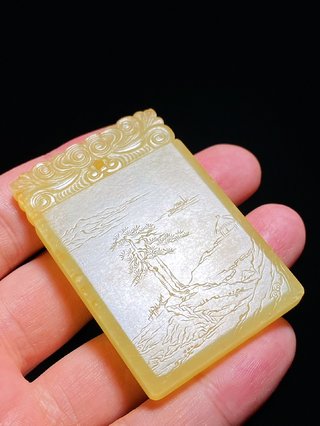 道光|清道光 和田玉籽料 黄玉 溪山渔隐图 诗文牌