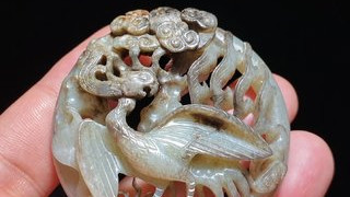 血檀|元 和田玉籽料 白玉受沁 丹凤朝阳 圆嵌饰 瓦子