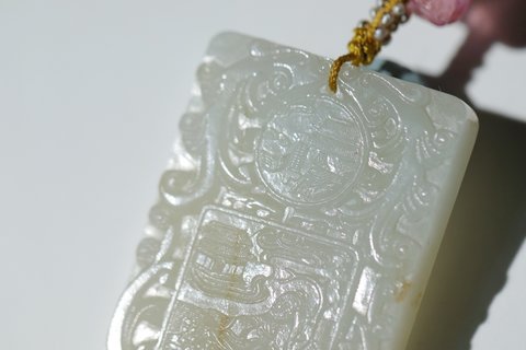 文玩|民国白玉龙凤纹诗文仙人乘槎文玩牌