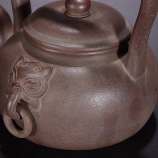 |旧藏-彭文忠款紫砂兽面纹活环提梁壶