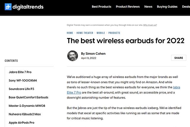 OPPO|科技媒体DigitalTrends评2022年最好的无线耳机，共17款耳机上榜