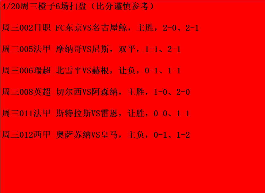 切尔西|4/20周三竞彩推荐：FC东京VS名古屋鲸、切尔西VS阿森纳；附6场扫盘