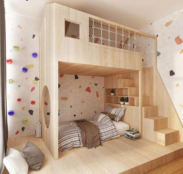 儿童房靠墙装个台阶，上方还有玩耍区，一个房间实现3个功能！