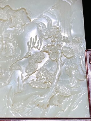 和田玉籽料|清乾隆 和田玉籽料 白玉 香山五老 松鹤延年 御题诗文 插屏 屏风 摆件