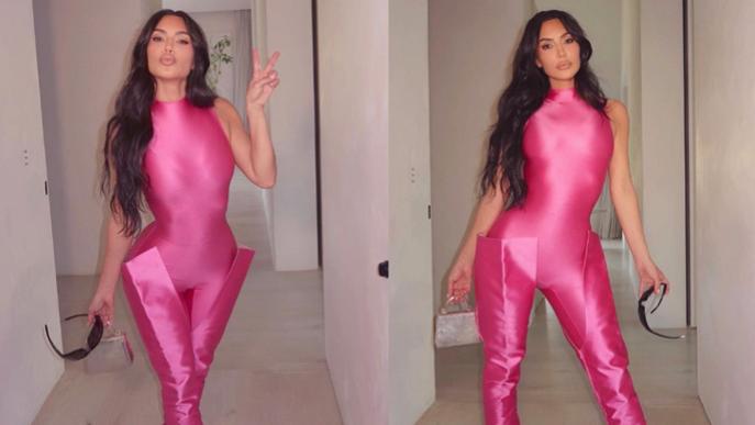 金·卡戴珊|金卡戴珊身材满分！穿死亡芭比粉连体衣，秀极致臀腰比，又瘦了