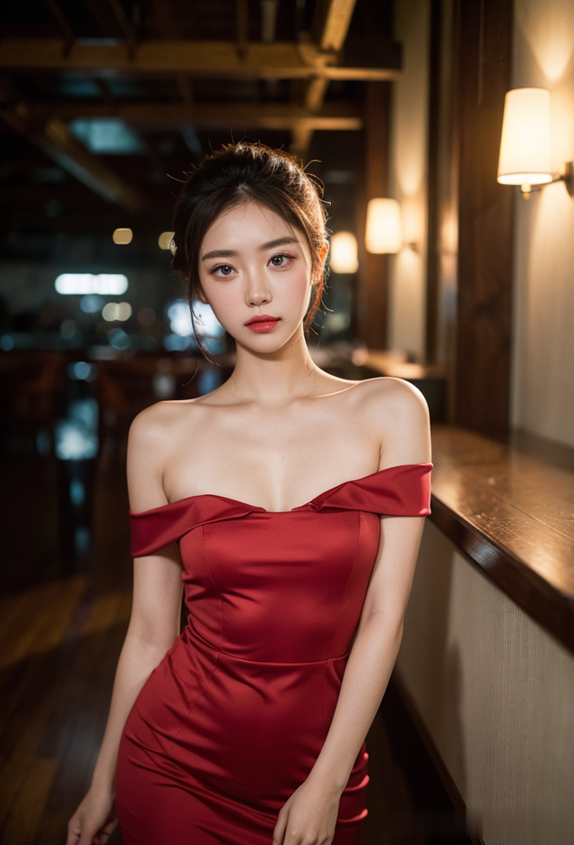 高清美女壁纸：酒吧夜色中的红玫瑰，肌肤胜雪，容颜如花