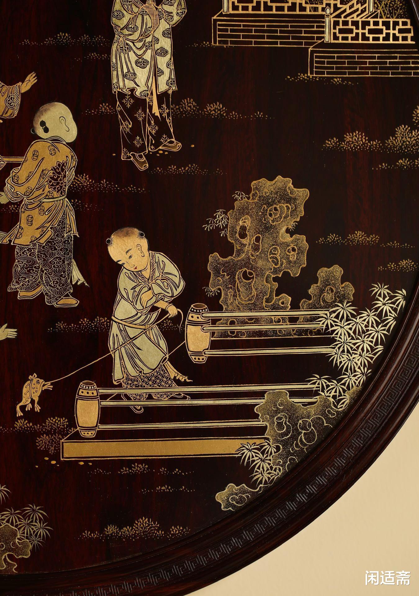 |小叶紫檀描金，夏景戏婴图