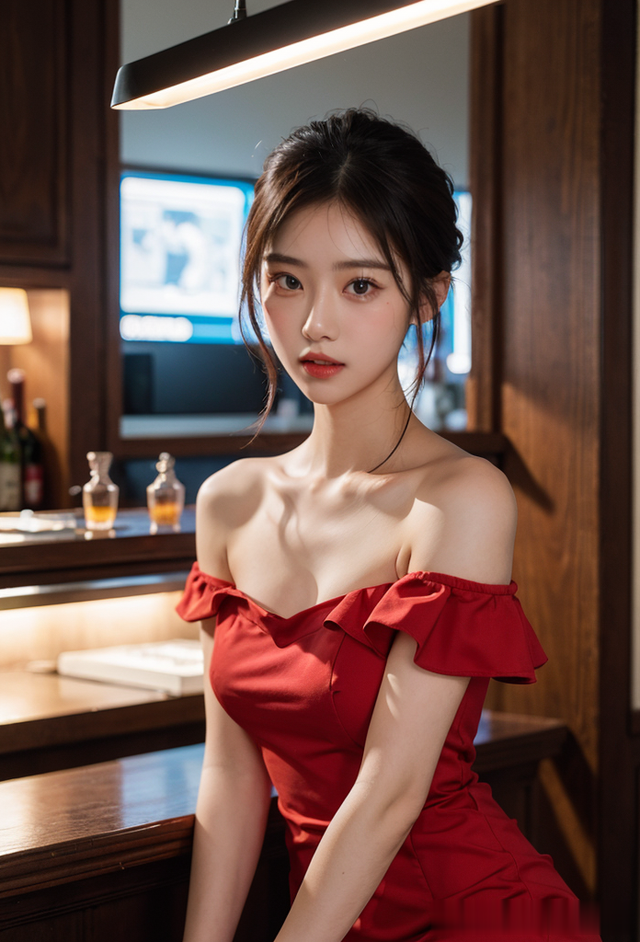 高清美女壁纸：酒吧夜色中的红玫瑰，肌肤胜雪，容颜如花