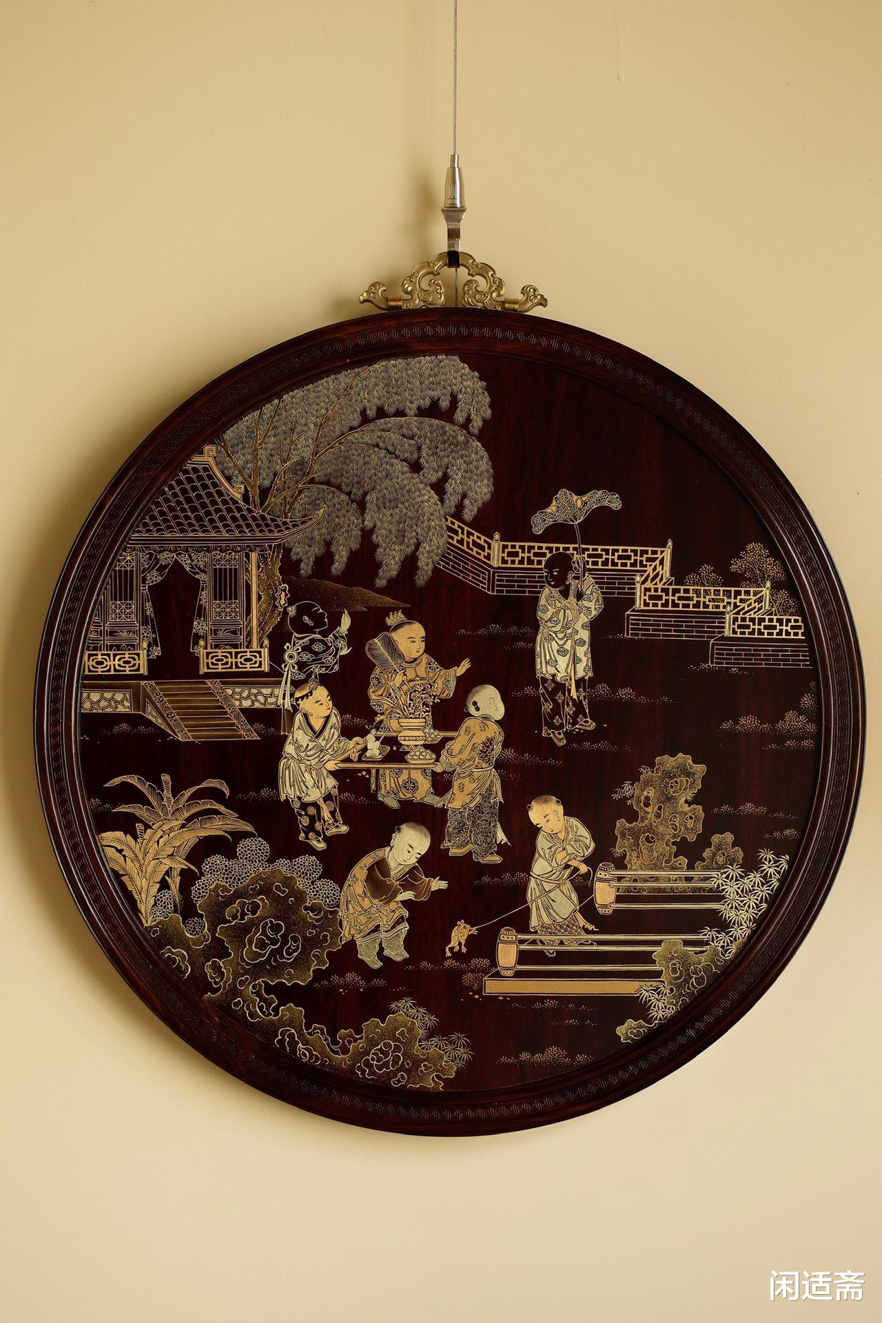 |小叶紫檀描金，夏景戏婴图