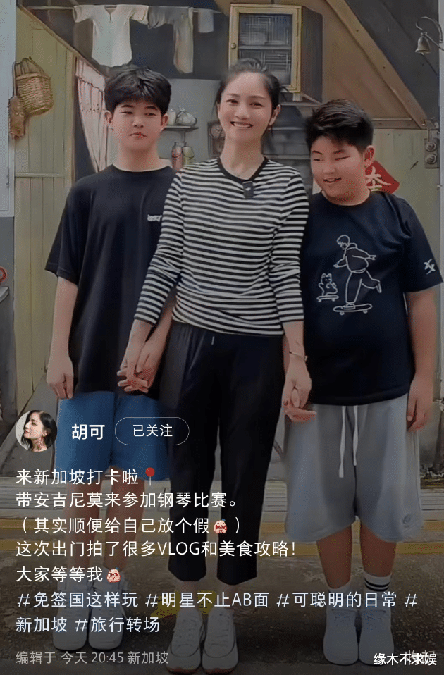 胡可一家3口新加坡旅游,12岁安吉变回东北宋仲基,兄弟俩差距大
