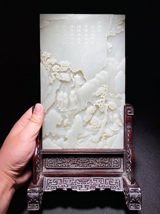 和田玉籽料|清乾隆 和田玉籽料 白玉 香山五老 松鹤延年 御题诗文 插屏 屏风 摆件
