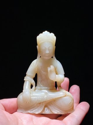 和田玉籽料|明 和田玉籽料白玉 受沁 地藏王菩萨 佛像 摆件