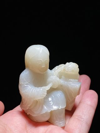 翡翠|明 和田玉籽料 白玉 圆雕 刘海戏金蟾 摆件