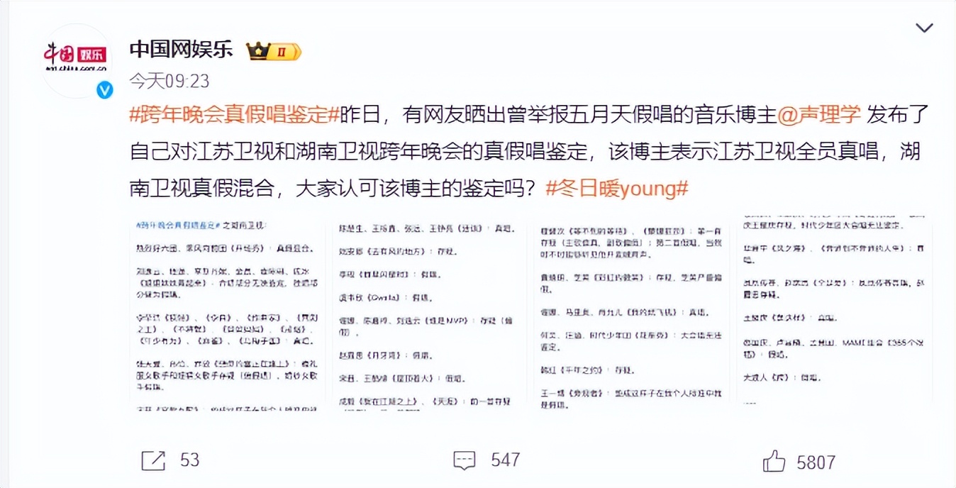 假唱|内娱再曝丑闻！多家卫视跨年晚会存在明星假唱，包括52岁韩红