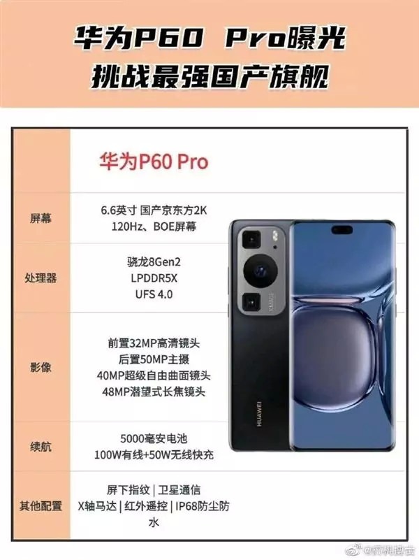 小米科技|卫星通讯+IP68+第二代骁龙8 疑似华为P60 Pro外观和主要参数曝光