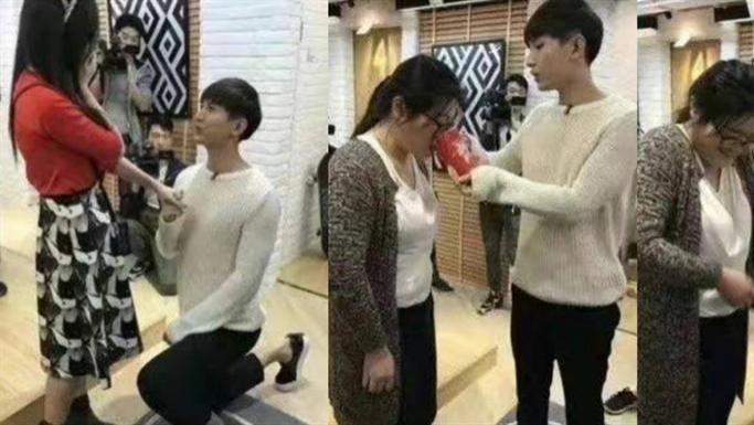 曝卓伟大瓜主角疑成毅，晒其与富婆互动照，单膝下跪、共喝一杯水