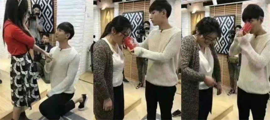 曝卓伟大瓜主角疑成毅，晒其与富婆互动照，单膝下跪、共喝一杯水