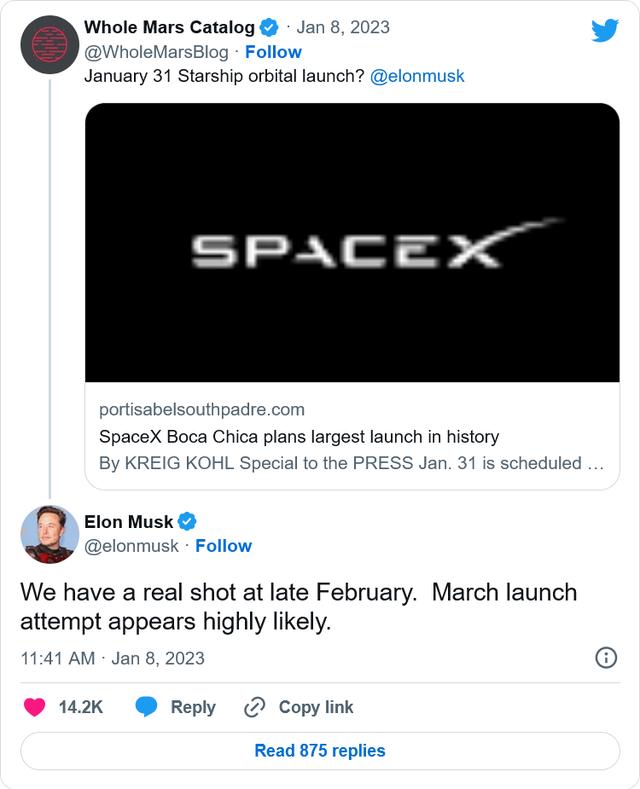 传言称SpaceX将于本月晚些时候开始Starship轨道测试飞行